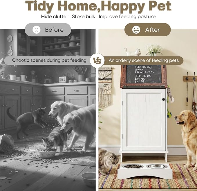 Flip-Top Dog Feeding Station, Dog Food Cabinet with Storage, Dog Food Station with Hidden Feeding Fowls, Pet Storage Cabinet, Pet Food Holder, White Oak Grain