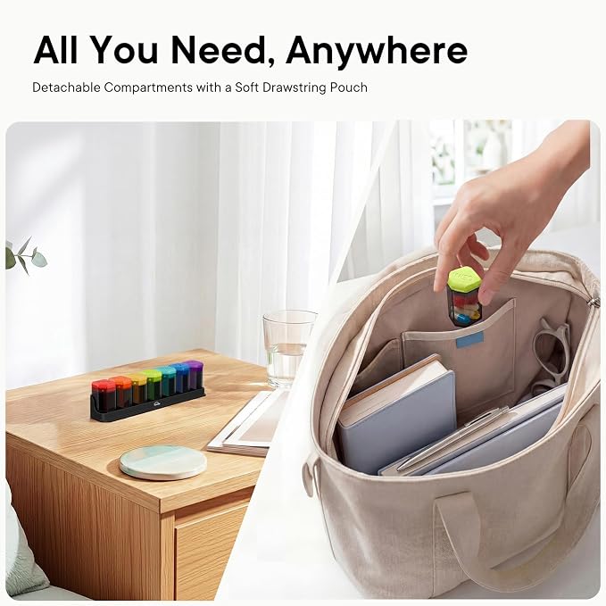 Medium-Large Weekly Pill Organizer 1 Time a Day, Multi-Colored | BPA-Free, Spill-Resistant, Detachable 1-a-Day Boxes, for Vitamins & Medication, Travel-Friendly, Velvet Pouch