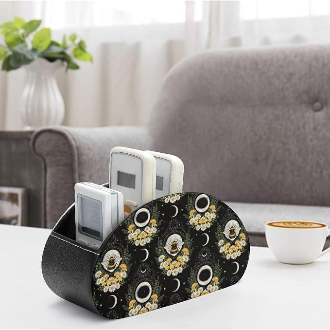 Remote Control Holder for Table Witchy Moon Floral Bee Desktop Storage Box | Makeup Brush Caddy with 5 Compartments, Witchy Gothic Moon Mushroom Floral Bee Bedside Table Organizer Office Supplies