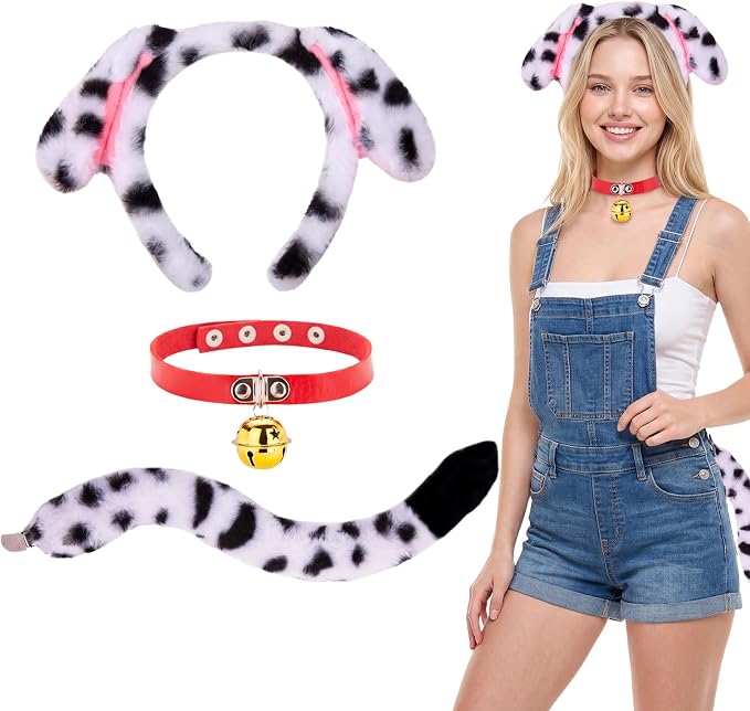 Adult Spotted Dog Costume Set Floppy Ear Puppy Cosplay Kit for Halloween | Dalmatian Puppy Accessory Kit with Floppy Ear Headband Bell Collar & Fluffy Tail Adult Animal Costume for Theme Party