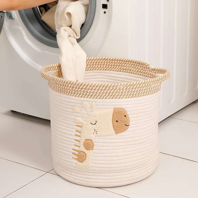 Toy Storage Baskets Woven Cotton Rope Storage Basket for Kids, Blanket Baskets for Living Room Toys Organizer with Embroidery Decor, Cute Baskets with Handle for Nursery, Playroom (Giraffe)