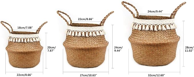 Boho Woven Seagrass Belly Basket for Storage Plant Basket or Toy Basket Living Bathroom (Medium, Beige)