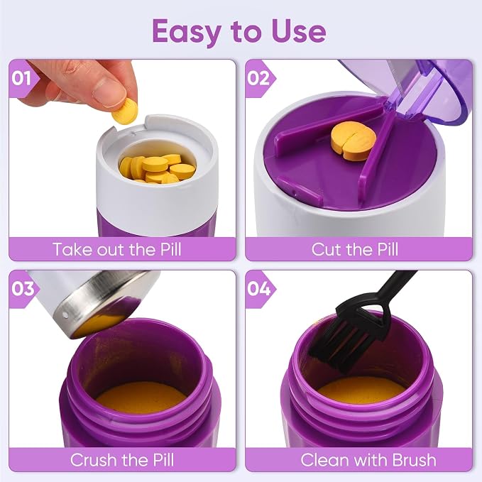 3-in-1 Pill Crusher and Cutter (Purple) | Pills Crusher Fine Powder with Stainless Steel Grinding Head, Storage for Tablets, Cutter Splitter for Small and Tiny Pills