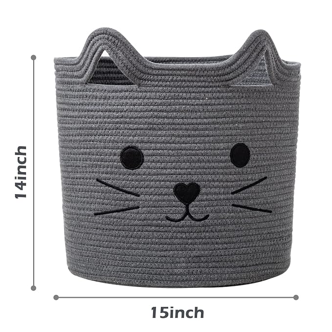 VK VK·LIVING Large Basket for Organizing Cute Animal Storage Baskets Cat Toy Storage Woven Cotton Rope Hamper Organizer for Laundry, Towels, Blanket, Toys, Clothes, Gifts, Pet Bed 15''x14''