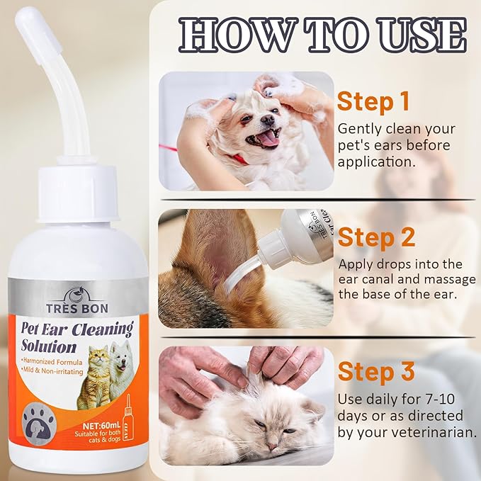 Ear Cleaner for Dogs and Cats, Ear Cleaner Solution for Dogs and Cats, Gently Remove Ears Wax & Debris