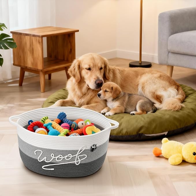 Woof Dog Toy Basket with Handles, Large Dog Toy Storage Bin with Paw Print, Woven Dog Basket for Blankets, Toys, Chews, Pet Toy Box for Nursery, Living Room, Bedroom, 20”x14”x9, Grey