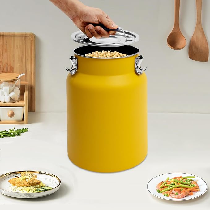 12L Stainless Steel Rice Storage Container with Airtight Lid&Handle, Yellow | Secure 3-Buckle Locking Lid, Portable Handle and Wide Opening, Stores Rice, Flour, Pet Food, Tea, Oil, Milk, Grains