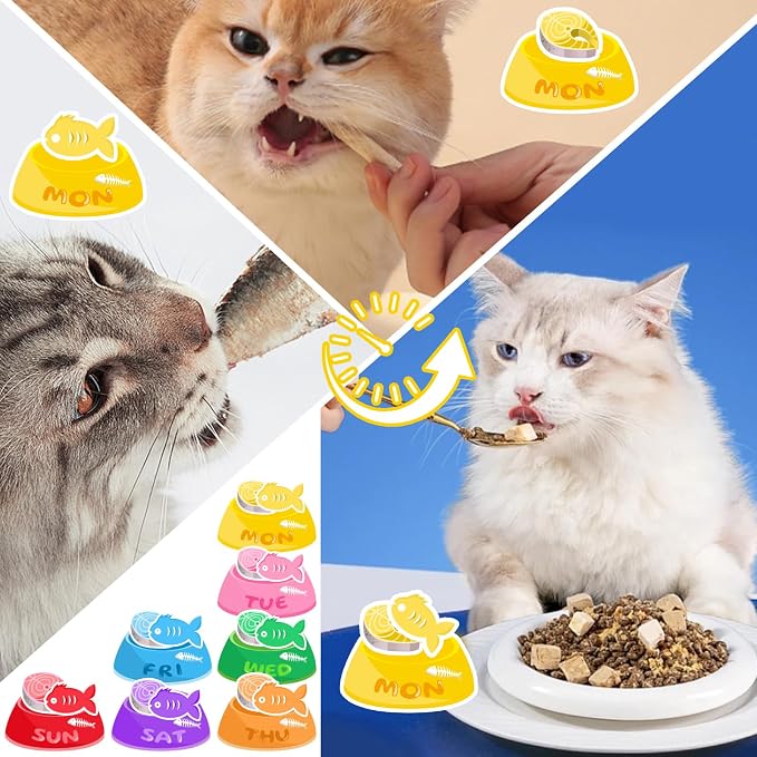 Magnetic Cat Feeding Reminder Tracker – Weekly Meal Planner for Cats with Colorful Bowls, Fish Meat & Fish Icons – Reusable Fridge Magnet Chart for Pet Feeding Schedule, Cat Food Organizer Sign