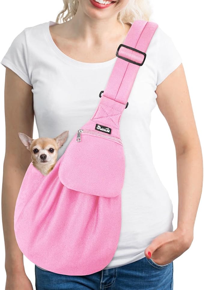 Lukovee Pet Sling, Puppy Small Pet Cat Carrier with Safety Hook | Hands-Free,Padded Strap, Breathable, Adjustable, Storage Pocket, Tote Bag Shoulder Bag with Front Pocket (Pink-WY,S)