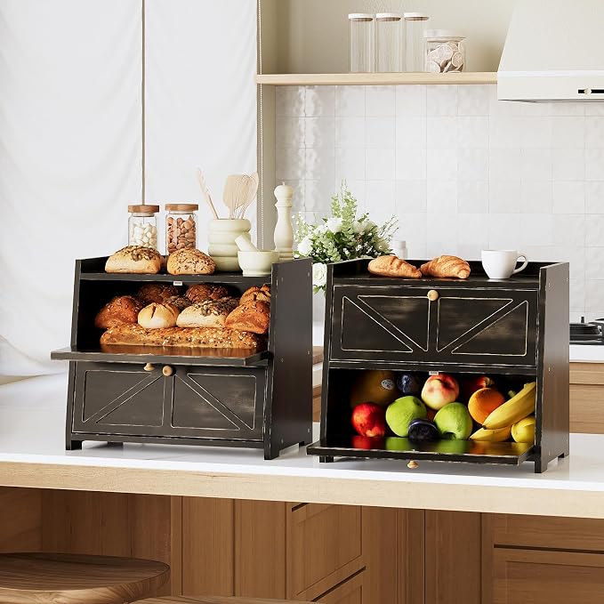 Trironsun Vintage Double Layer Bread Box for Kitchen Counter Bamboo Bread Storage Container Large Capacity Bread Storage Bin (Antique Black)
