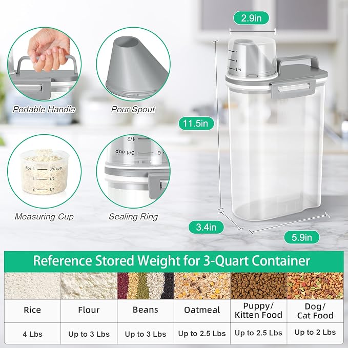 TBMax Rice Storage Container 2 Pack, Plastic Kitchen Pantry Food Storage Container with Cup, Small Pet Dog Cat Food Container Dispenser-Grey