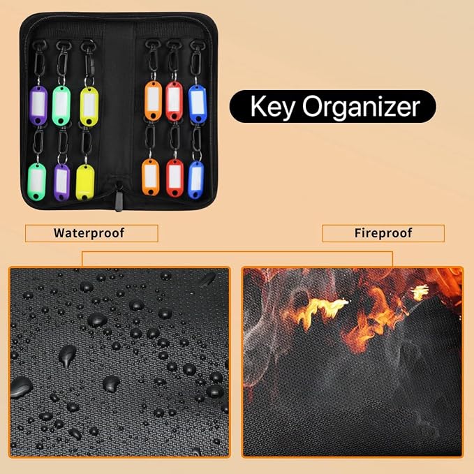 Sdstone Portable Zippered Key Organizer, Fireproof Key Case with 12 Key Hooks and Tags,Waterproof Portable Key Storage for Rental Management Real Estate Sales Hotel Executives and Car Service