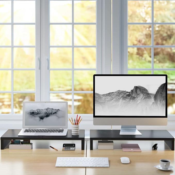 TEAMIX 2-Pack Monitor Stand Riser 20 inch, Wood Desk Computer Shelf, Black | For 2 Monitors, Laptop, Printer, TV, PC Tower, Full Keyboard Storage Underneath, Desk Organizer for Home Office, Gaming Setup