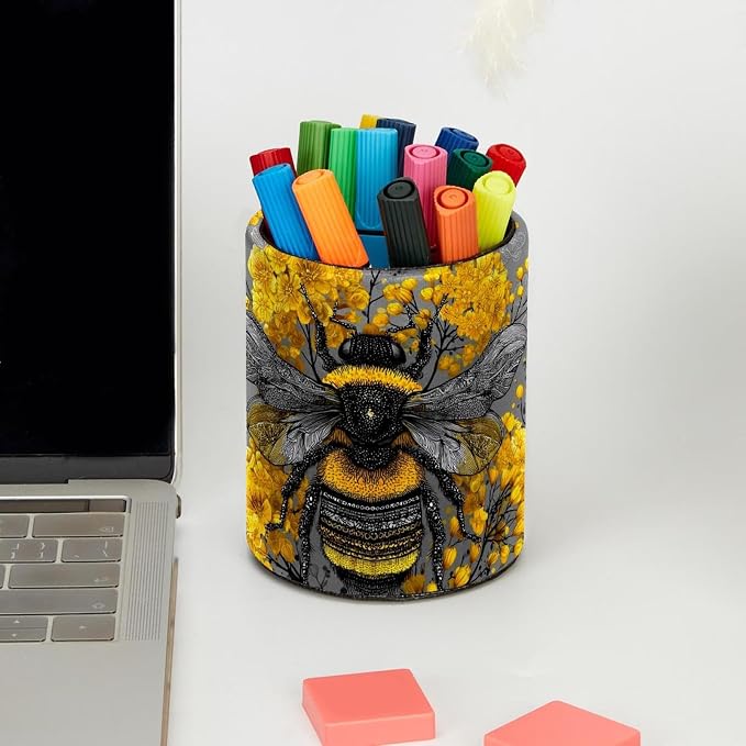 Faux Leather Pen Holder for Desk, Pencil Organizer Retro Bee Pen Cup Desk Decor Makeup Brush Holder Storage for Office Home
