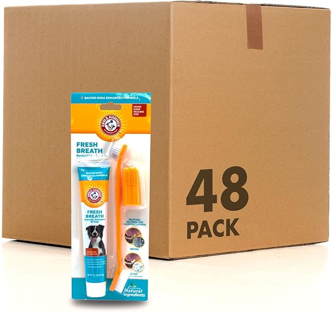 Arm & Hammer for Pets Fresh Breath Enzymatic Dog Dental Care Kit, Dog Toothpaste Kit with Toothbrush and Finger Brush for Tartar Control and Oral Hygiene, Chicken Flavor, 2.5 oz, 3-Piece Kit - 48 Pack