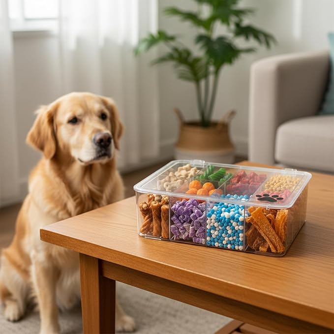 Dog Treat Container, Clear Pet Food Storage Container with Lid and Removable Dividers, 8 Compartments Dog Organization and Storage Box for Countertop, Cabinet, Pantry, Gift for Pet