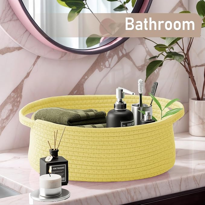JMvicyroam Small Woven Basket, Empty Gift Basket, Yellow/3 Pack | Small Gift Basket, Cotton Rope, 12 x 8 x 41 in, Handles, Includes Ribbon and Bag, Birthday Gift Basket