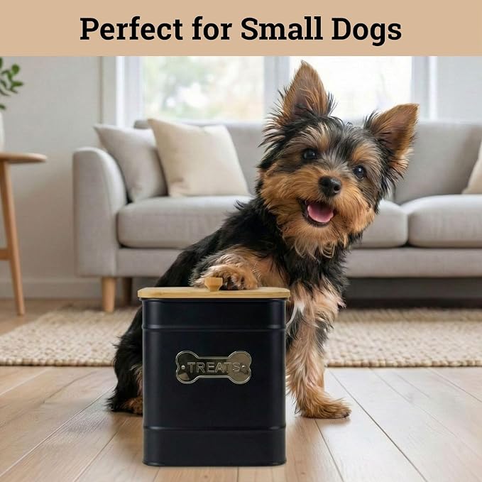 Dog Treat Container Airtight, 6"W x 8"H, Powder Coated, 12 Cup Capacity | Fits All Popular Treats, 12 Cup Capacity, Airtight Bamboo Lid, Easy Open Lid, Dent-Resistant Durable Metal