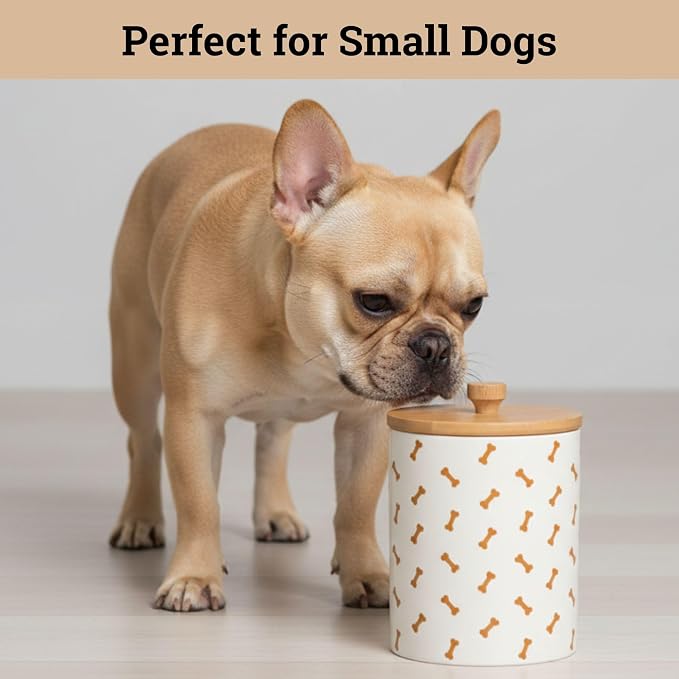 Ceramic Dog Treat Container Airtight with Bamboo Lid, 5"W x 6.4"H, 4 Cups | Sturdy Durable Ceramic, Airtight Bamboo Lid, Food Safe, Fits Most Popular Treats, 4 Cup Capacity, Easy to Wash