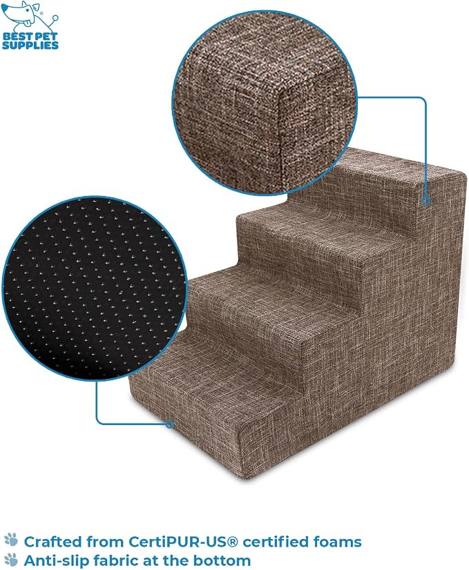 Best Pet Supplies Dog Stairs & Steps - Foam Steps for Small Dogs & Cats, Non-Slip Indoor Balanced Pet Step Support, Dog Ramp, No Assembly, Brown Linen, 4-Step (18-inch Height)