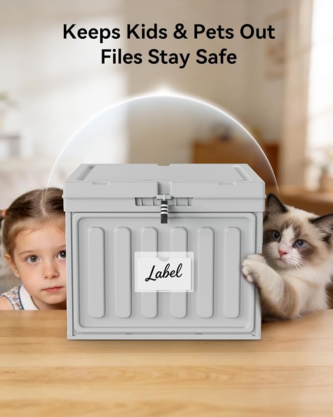 Oterri Lockable Stackable Plastic File Box with Lid for Letter-Size | Hanging File Folders Not Included. Grey, Large 1-Pack. Home, Office, Classroom, Dorm, Tax, Under Bed, Filing Cabinet.