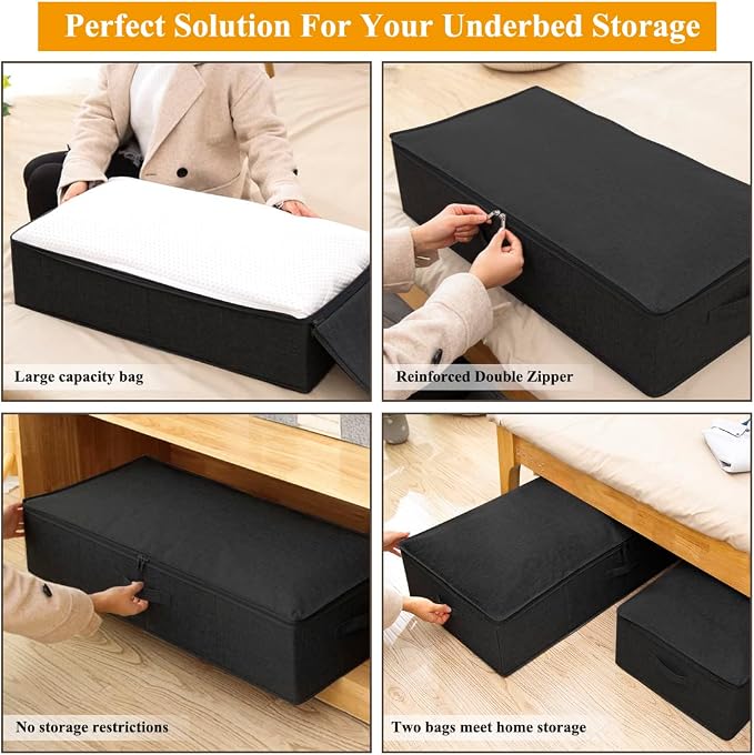 punemi 50L Under Bed Storage Container with Zipper Lid, 3Pack, Black | Sturdy Sides and Bottom wieh Ultra-Thick Fabric and 3 Handles, Foldable Design, for Blanket & Shoe Storage, Clothes Organizer