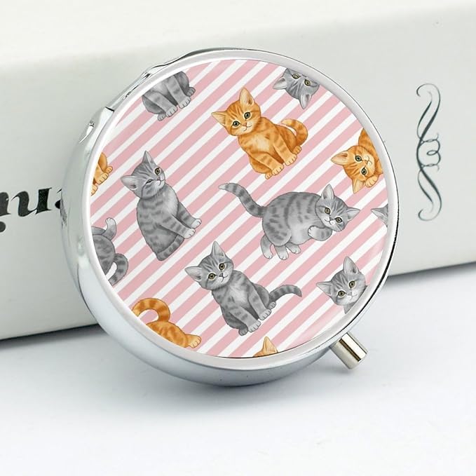Pocket Pill Dispenser, Pink Stripes Cute Cat Round Metal Case, Travel Organizer for Medicine, Waterproof Pill Box Purse Use for Road Trips