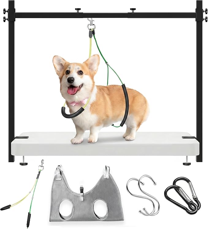 H Shape Dog Grooming Arm for Table, M Size Hammock, 42" H, 31-43" W | Heavy Duty, Adjustable Grooming Stand, Clamp Fits up to 2.76", with Hammock & 2 Nooses for Home Grooming & Nail Trimming