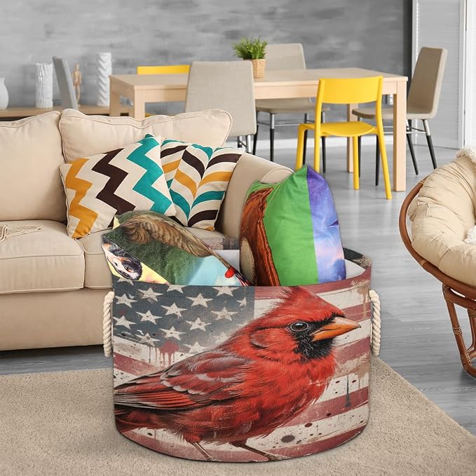 Large Storage Baskets - Red Cardinal American Flag Nursery Organizer Bin Box with Handles Collapsible Round Laundry Hamper for Kids Toys Pet Blanket, Bedroom Living Room Home Decor Gift Basket