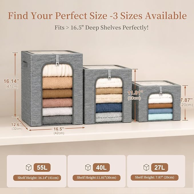 GoMaihe Blanket Storage Bins with Metal Frame for Closet, 55L 6-Pack Grey | Clothing Bedding Winter Coat Comforters , Closet Top Shelf, Collapse-Proof Stackable, See Through, Dual Access Space Saving