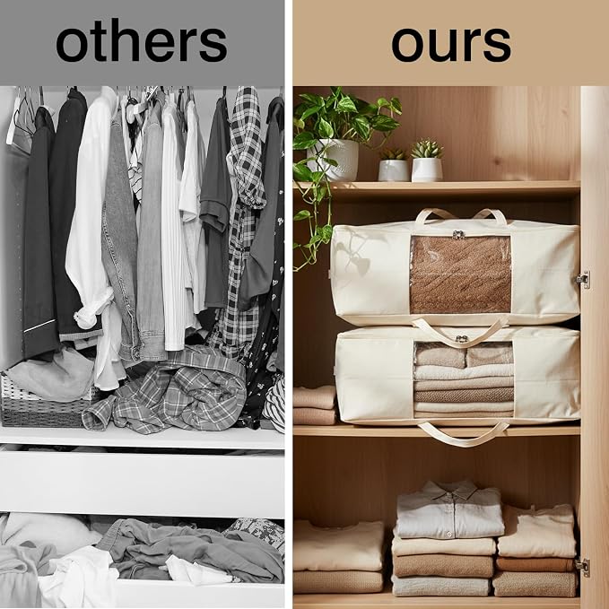 Comforter Storage Bags 70L Canvas Closet Organizer Clothes Container 4 Pack | Canvas Fabric, Reinforced Handles, Foldable Design, for Clothing Comforters Pillows and Toys, Dorm Bedroom and Closet Use