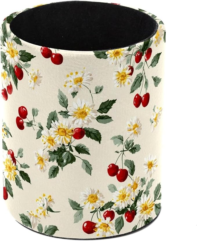 Faux Leather Pen Holder for Desk, Pencil Organizer Daisies and Cherries Pen Cup Desk Decor Makeup Brush Holder Storage for Office Home