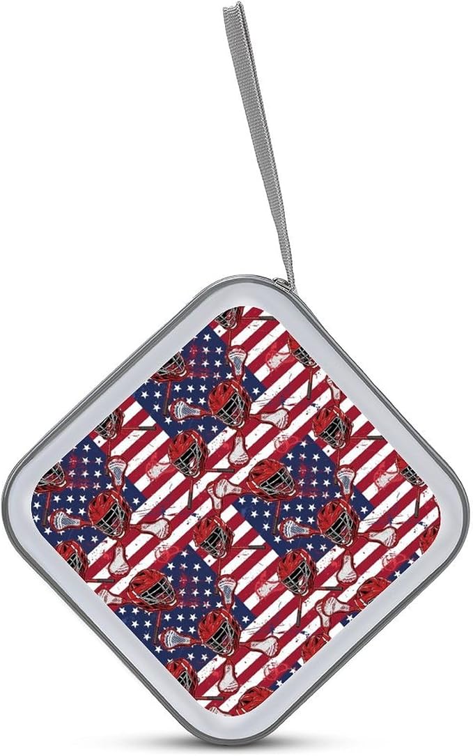 Portable DVD CD Organizer Wallet Lacrosse American Flag, 40-Capacity Hard Case with Strap, Protective Storage Binder for Car Home
