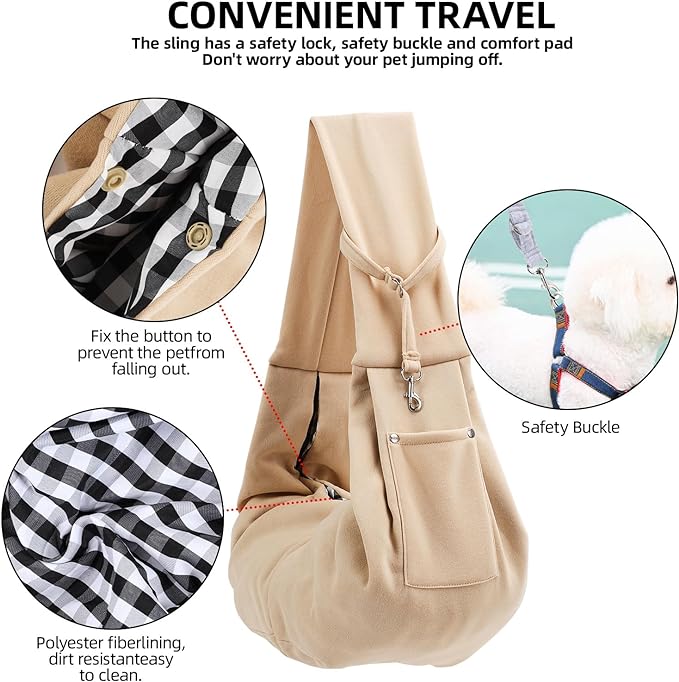 ARZQUT Dog and Cats Carrier Sling, Small Pet Carrier with Storage Pocket | Reversible Puppy Sling Carrier, Safety Buckle, Storage bag, Machine Washable for Travel, Outdoor Activitie, Hand-Free,Apricot