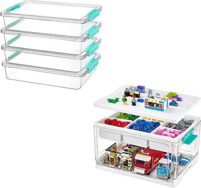 Vtopmart 4 Pack 6 Qt Clear Storage Bin with Lid and 1 Pack 24 Qt Craft Organzier with Removable Trays and Dividers