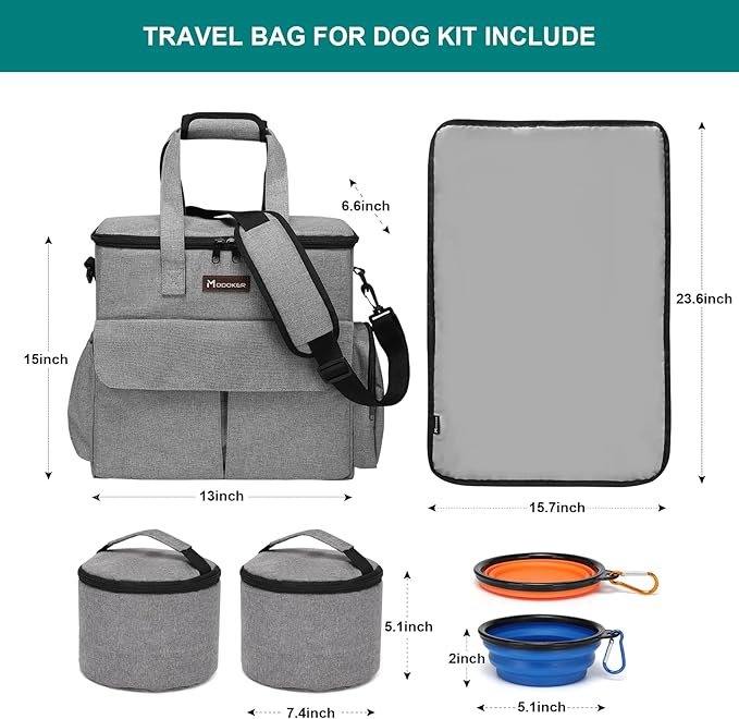 Modoker Weekend Dog Travel Bag Set with 2 Food Bags, 2 Bowls and Mat, Grey | Dog Travel Accessories Organizer for Camping and Road Trips with Roomy Storage, Multiple Pockets and Water-Resistant Oxford