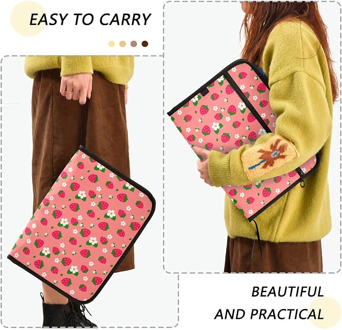 13 Pocket Zipper Expanding File Folder A4 Cute Strawberry Flower | Accordion File Organizer with Front Pouch A4 Letter Size Portable Folders for Documents Receipt School Office Supplies