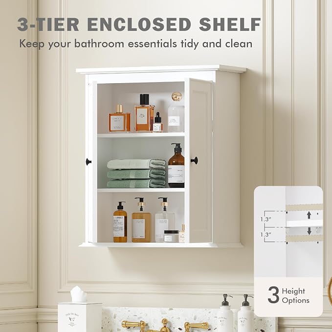 Spirich Bathroom Wall Cabinet, White Medicine Cabinet with 2 Doors | 2 Adjustable Shelves, Shaker Doors & Black Knobs, Compact Wall Storage for Bathroom, Kitchen & Laundry Room