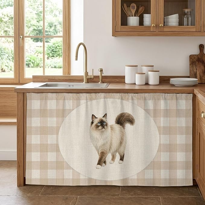 Ragdoll Cat Cabinet Curtain 32"Wx55"L, Dustproof Pantry Door Curtain with Self Adhesive Tape, Vintage Linen Plaid Farmhouse Pet Cats Tall Storage Cover Privacy Drape for Bathroom Kitchen Laundry Room