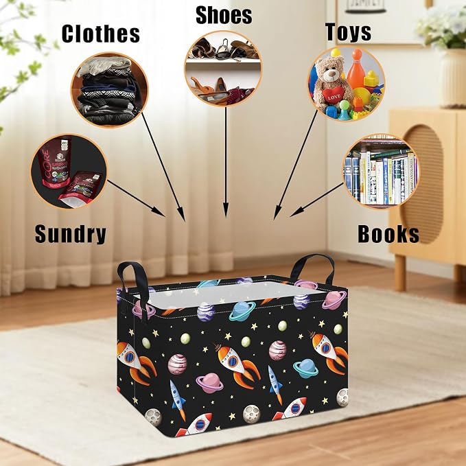 Rectangular Space Planet Rocket Storage Bin Boys Toy Organizer | Laundry Hamper Foldable Canvas with Handles for Organizing Home Kitchen Children Toys Office Closet Shelf Baskets