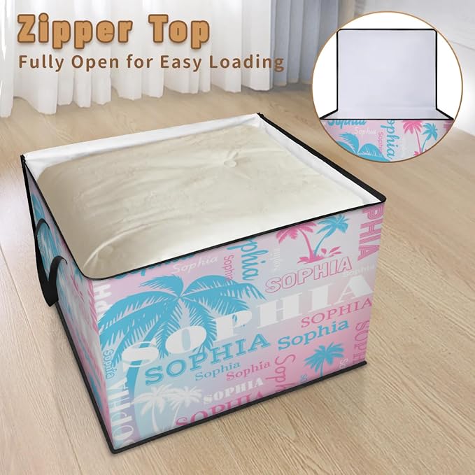 Personalized Name Foldable Storage Basket Cubes with Lid, Clothes Pet Toys Storage Bin with Handles for Shelf Home Closet Kitchen, Light Blue White Palm Trees Light Pink White Background