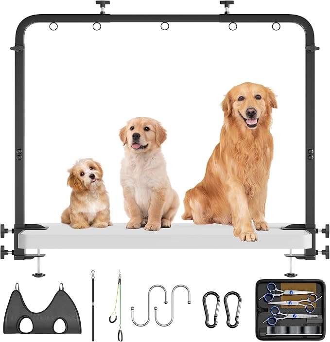 Dog Grooming Table Arm - Adjustable Height & Width, Heavy Duty Dog Grooming Station with 4-Piece Scissors Comb Set, Includes Adjustable Hammock & 2 No-Sit Haunch Holders for Dogs & Cats
