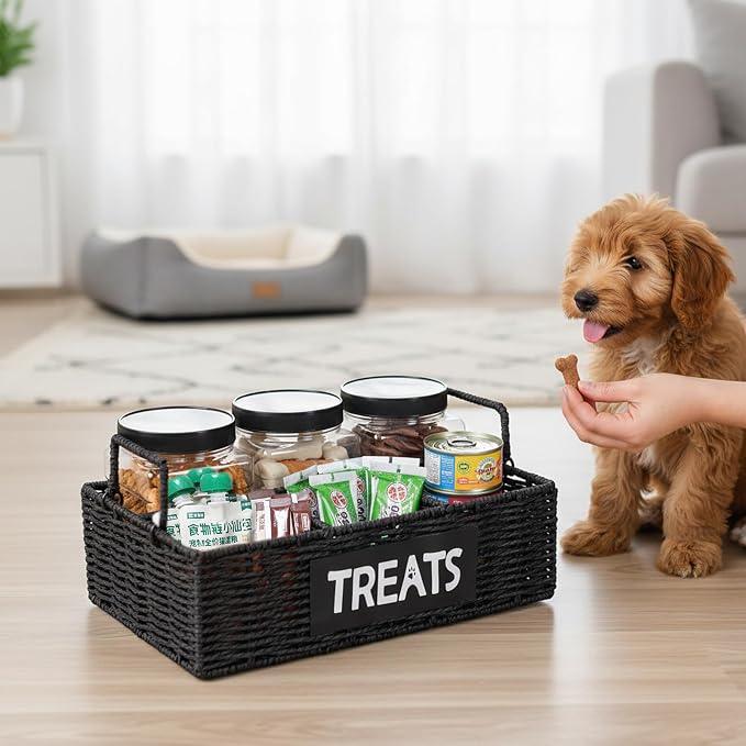Dog Treat Container for Countertop,3pcs Pet Dog Treat Jars 1 Liter,4-Compartments Dog Treat Organizer,Woven Paper Rope Basket with Metal Frame for Pet Treats-Black
