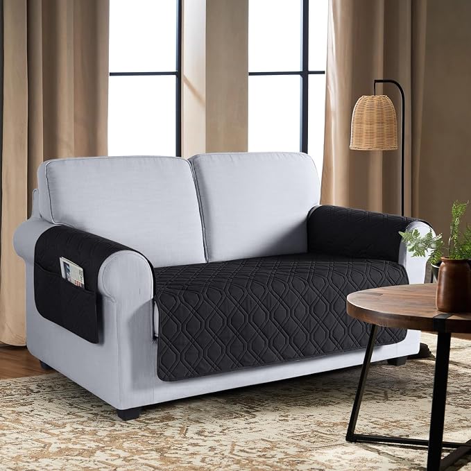 VANSOFY Waterproof Loveseat Couch Cover for Pets, Black, 47.2" | Non-Slip, Washable, Utility Pockets, Pet Friendly, Furniture Protector Slipcover for 2 Cushion Couch