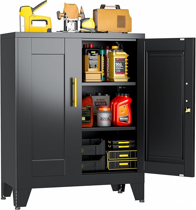 Small Metal Storage Cabinet, Lockable Tool Cabinet with Doors and 2 Shelves | 2 Adjustable Shelves, Locking Doors, Magnetic Closure, Adjustable Feet, Compact 27.6-Inch Width, Cold-Rolled Steel
