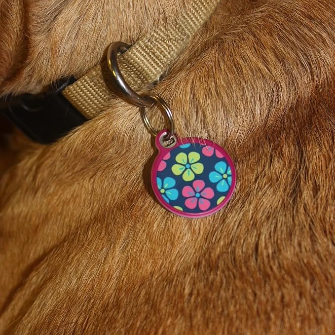 Flower Power Lupine Pattern Personalized Pet ID Tag for Dogs and Cats, Silent Polymer Coated Stainless Steel Nametag with Customized Identification Information - Large 1.25" Diameter