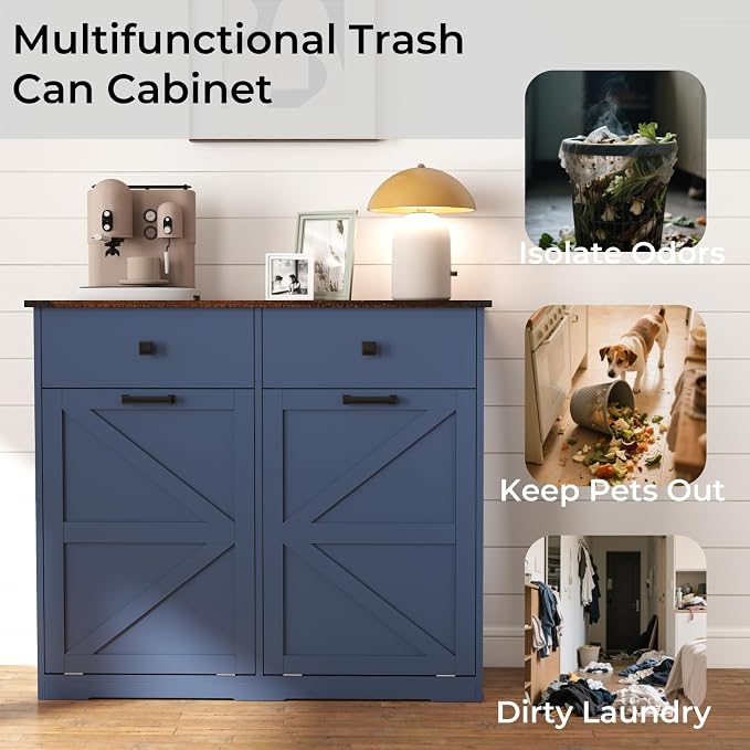Double Tilt Out Trash Can Cabinet for 20 Gallon,Hidden Dual Laundry Cabinets with 2 Drawers & 2 Baskets, Barn Door Style Garbage Cabinet for Kitchen (Blue)