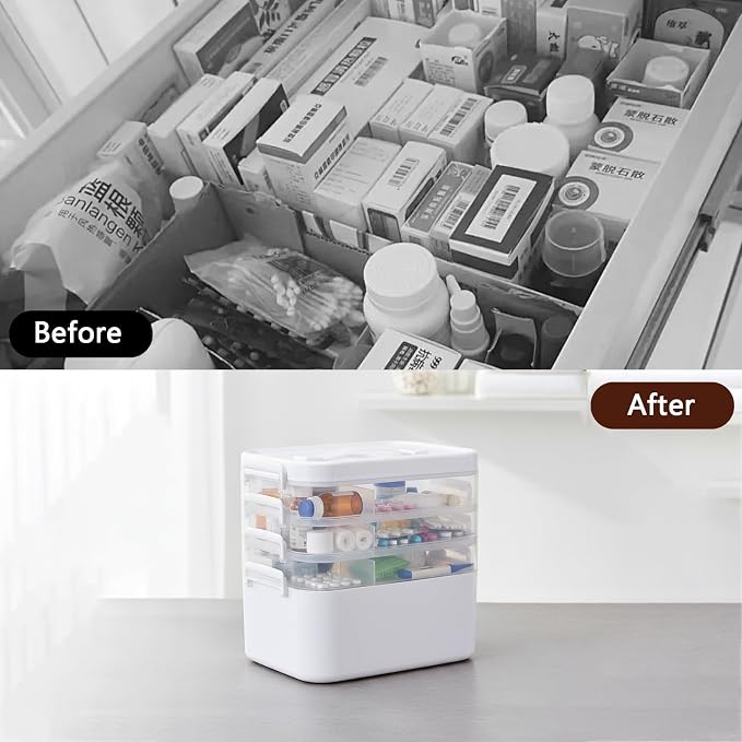 4-Tier Medicine Organizer, Medicine Cabinet Storage Box with 7 Day Pill Organizer 2 Times a Day, Stackable First aid Box with Hidden Handle, Home Organization Essentials