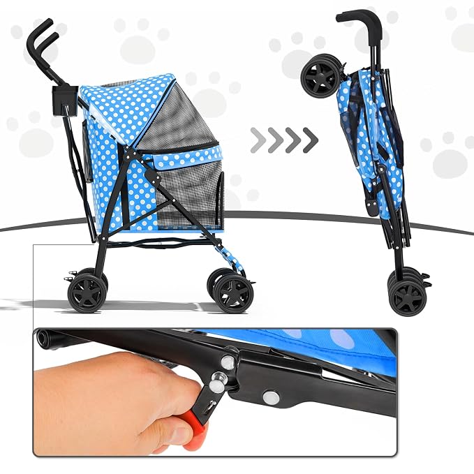 MoNiBloom Pet Stroller for Small/Medium Dogs and Cats, Sky Blue Polka Dots | Foladble 4 Wheels Easy-Fold Puppy Cage Jogger Stroller with Sun Cover, Pad and Rear Storage Bag, Breathable and Visible Mesh