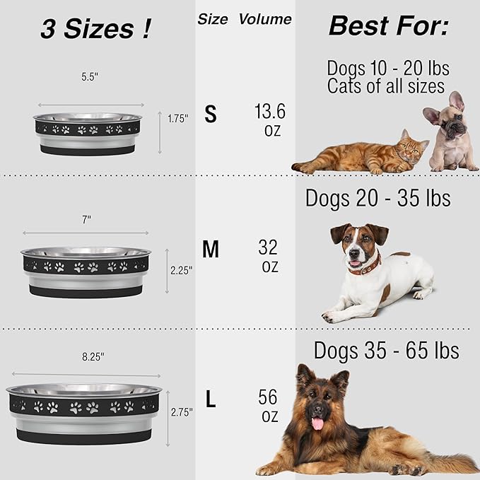 Loving Pets Corsa Dog Bowls- Stainless Steel Dog & Cat Bowls - Spill Proof Dog Food Bowl, Cat Bowl, Puppy Essentials & Pet Supplies Great for Home & Travel (Medium 20-35 lbs, Stealth Black)